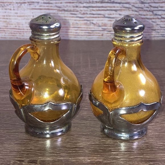 Salt & Pepper Shakers VTG Amber Glass & Chrome Metal Farber Bros Set - Picture 3 of 14